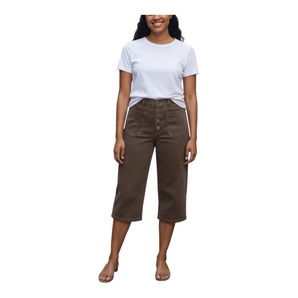 American Eagle Wide Leg Jeans Women's 14 Brown Cropped Button Fly Front Pockets - Picture 1 of 11
